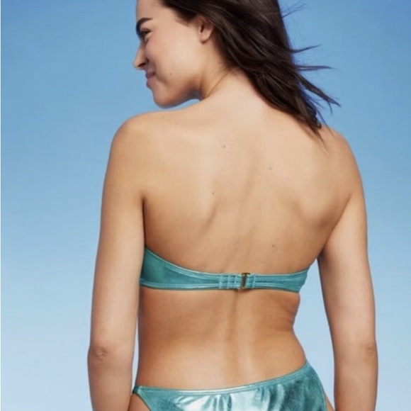 Set-Teal foil like Shimmering Bandeau Bikini top + low rise high leg bottom - Picture 2 of 4